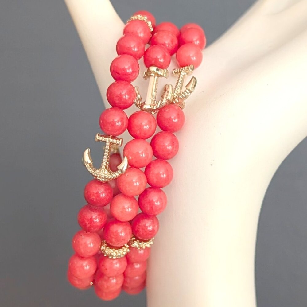Natural orange stone stretch bracelets with anchor accents